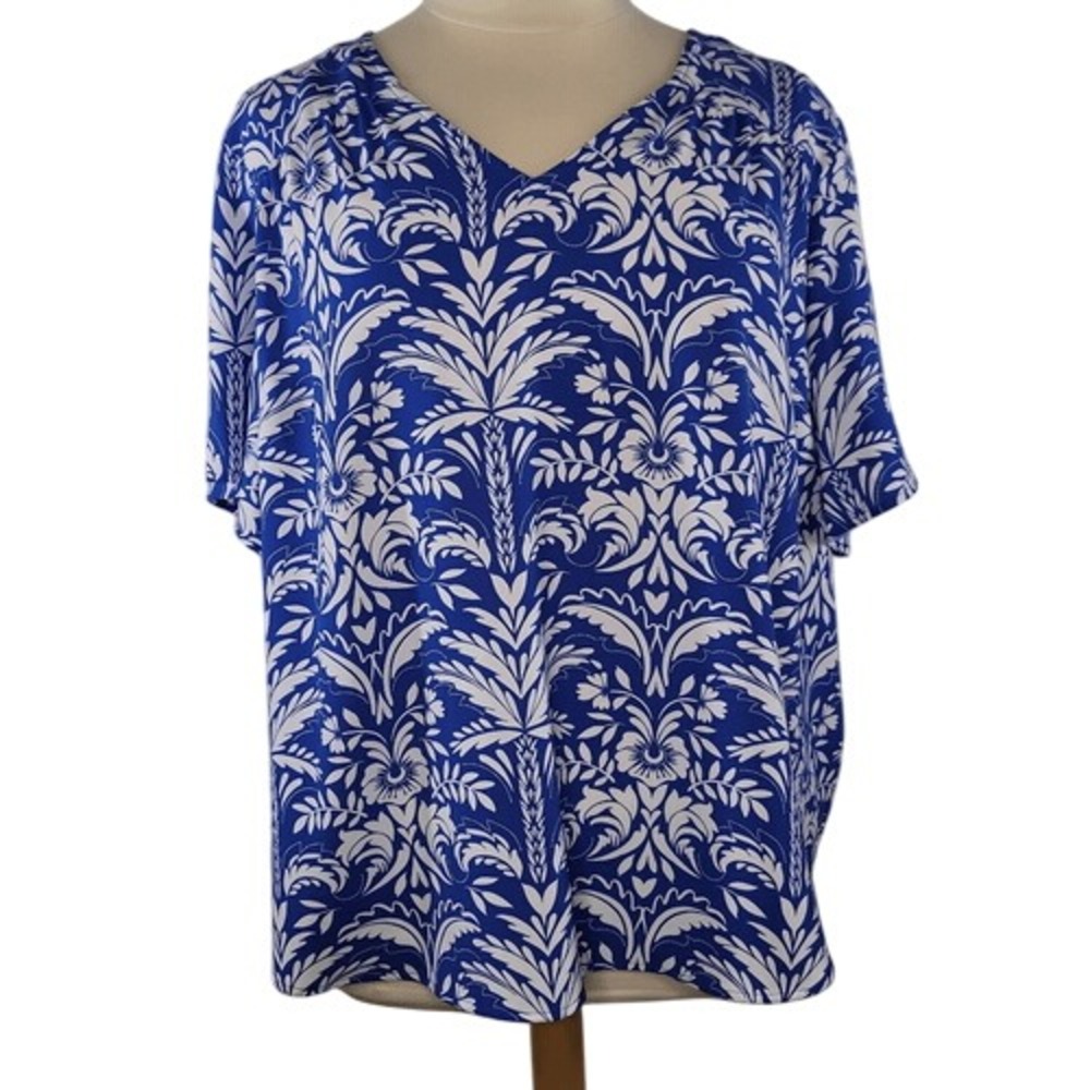 Croft & Barrow‎ Blue and White Floral Short Sleeve Blouse
